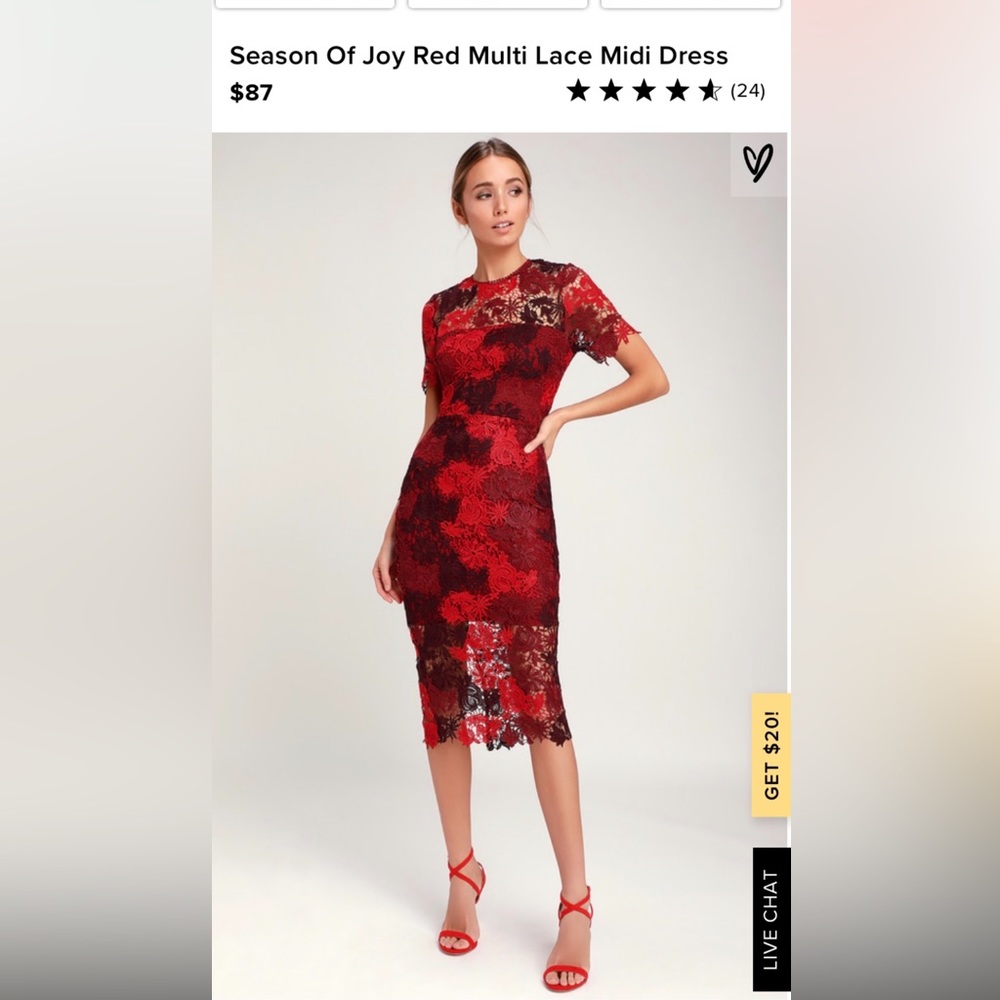 Lulu’s Season of Joy red lace midi dress